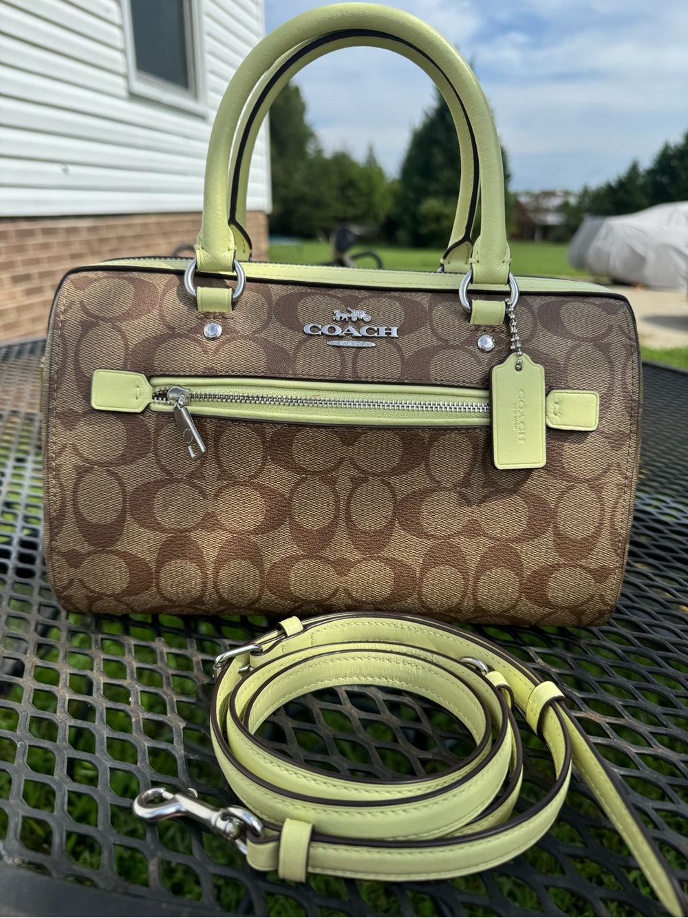 Coach Brown Signature Satchel with Lime Trim